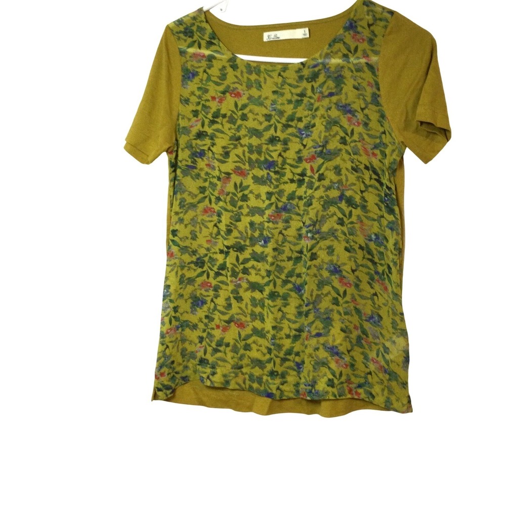 Hi-Line Floral Print Top Olive Green Short Sleeve Casual Top Size‎ S (299)